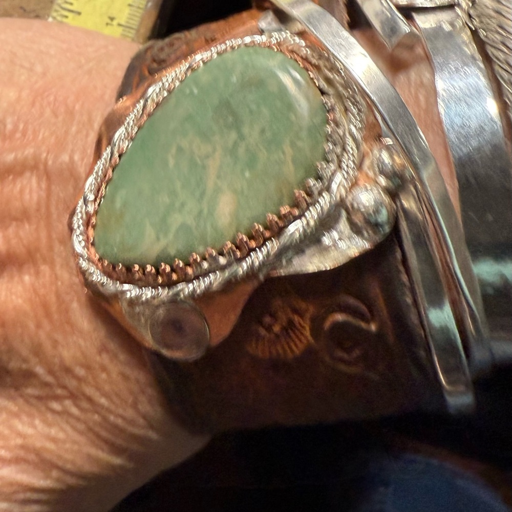 Royston turquoise, leather copper and Sterling silver bracelet